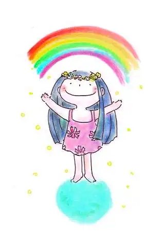 頭上に虹がある花冠を付けた笑顔の少女
